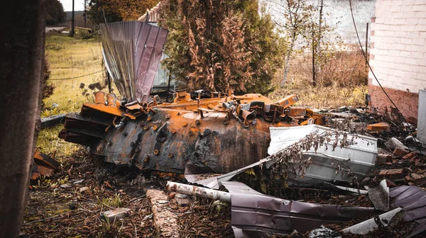 Guerra Ucrânia Destruiu Tanque Russo Arrancou Torre Tanque Pátio Privado — Fotografia de Stock