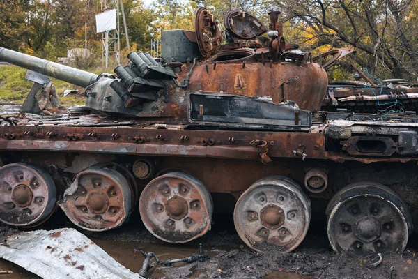 Війна Україні Знищила Російський Танк Танк T62 Вид Збоку Місто — стокове фото