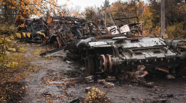 War in Ukraine, cemetery of destroyed equipment, column of destroyed equipment, city of Izyum, Kharkiv region