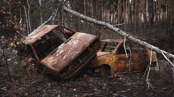 War Ukraine Burnt Civilian Cars Destroyed Cars Irpin Kyiv Region — Stock Photo, Image