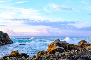 Sabahın erken saatlerinde sakin sawarna sahili ve yosunlu ama güzel kayalar.