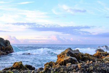 Sabahın erken saatlerinde sakin sawarna sahili ve yosunlu ama güzel kayalar.