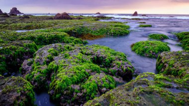 Sawarna Sahili Güzel gökyüzü ve büyük kayalar sahili süslüyor.