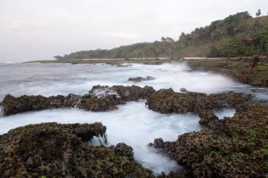 Sawarna plajı, batı Java, Endonezya, mercan resifleriyle benekli güzel plaj. 