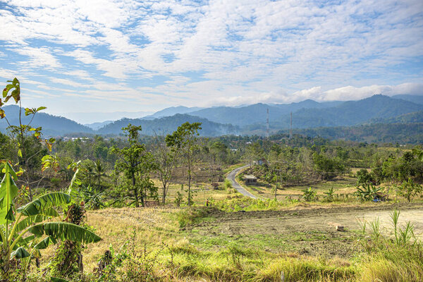 kuningan west java,daytime scene in the middle of rice fields with bright blue clouds 
