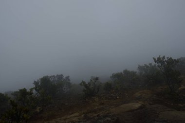 Bir dağ kraterinin portresi ve yanında kalın bir sis var. 