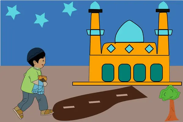 Camiye doğru yürüyen bir çocuğun çizgi filmi. 