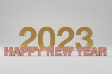 3D Mutlu Yıllar 2023, stüdyo arka planında. Bayram kutlaması, tebrik sezonu grafik hazırlama tasarımı.