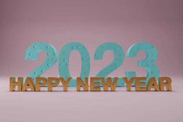 3D新年快乐2023个单词在工作室的背景下 节日庆祝问候季节图形渲染设计 — 图库照片