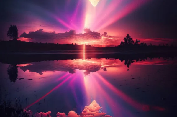Gradient reflection god rays magic sunset in wonderland landscape neon luminescence drops background.