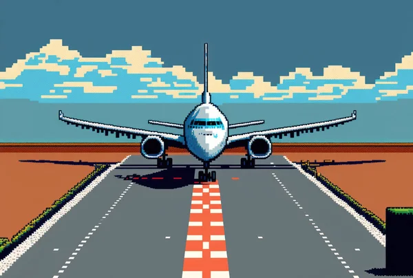 Airplane on runway travel transportation pixel art style graphic background
