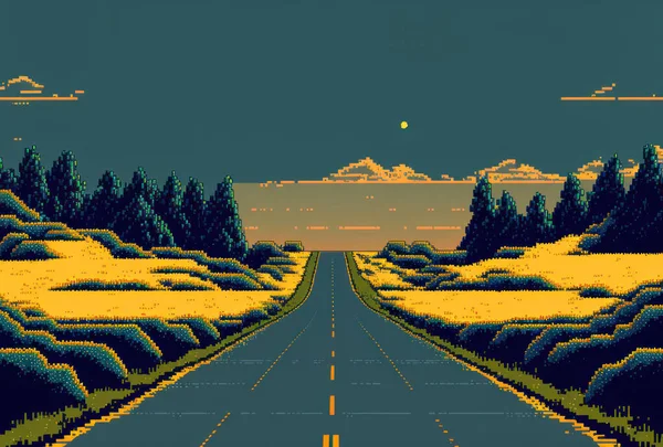 Road with beautiful nature around country side road trip pixel art style background