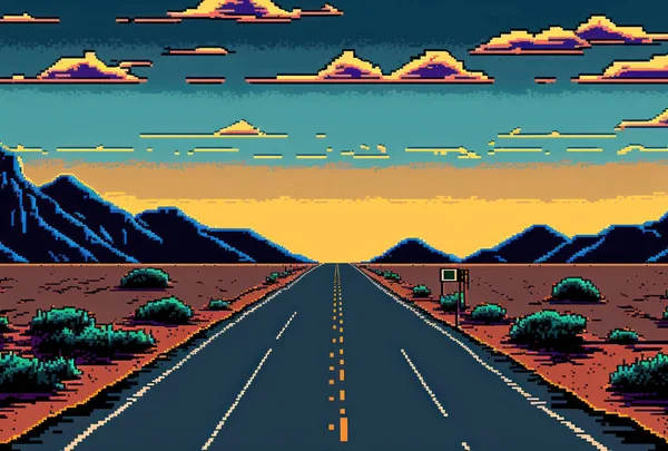 Road with beautiful nature around country side road trip pixel art style background