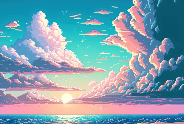 Pastel sweet blue pink sky pixel art style. background with copy space