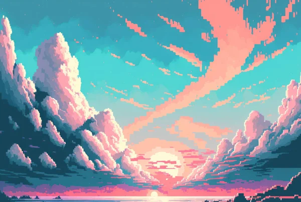 Pastel sweet blue pink sky pixel art style. background with copy space