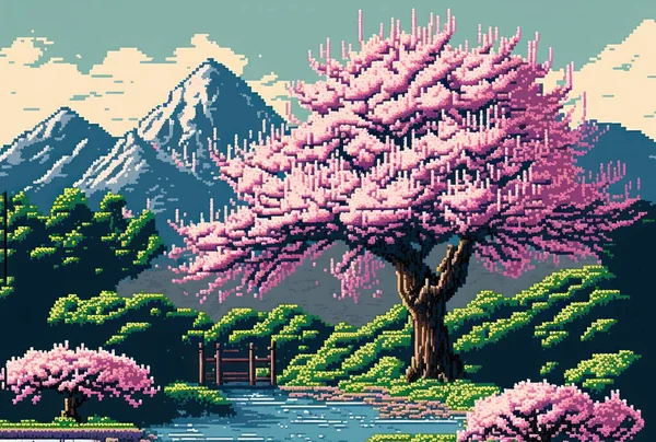 Spring season cherry blossom tree with beautiful landscape background pixel art style
