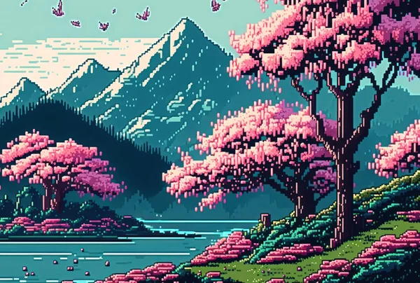 Spring season cherry blossom tree with beautiful landscape background pixel art style