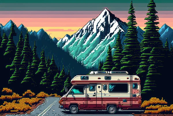 Camper van travel road trip beautiful view landscape pixel art style background.