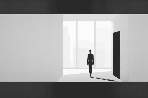Minimal graphic design of businessman in office building background.