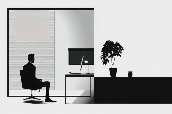 Minimal graphic design of businessman in office building background.