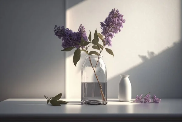 Bunch lilac in vase on table in white minimal room.