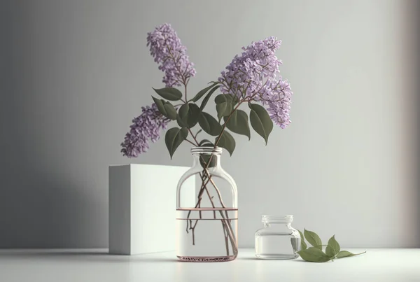 Bunch lilac in vase on table in white minimal room.