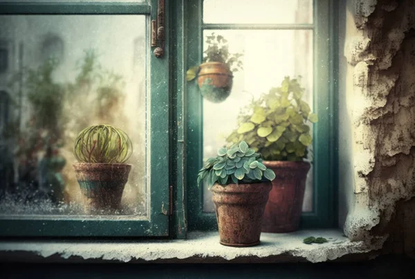 A small plant pots displayed by the window.
