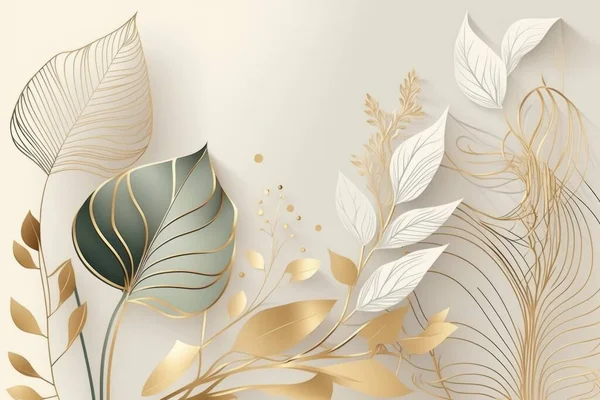 Minimal luxury style wallpaper with golden line art flower and botanical leaves background.