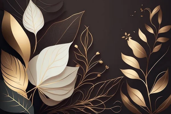 Minimal luxury style wallpaper with golden line art flower and botanical leaves background.