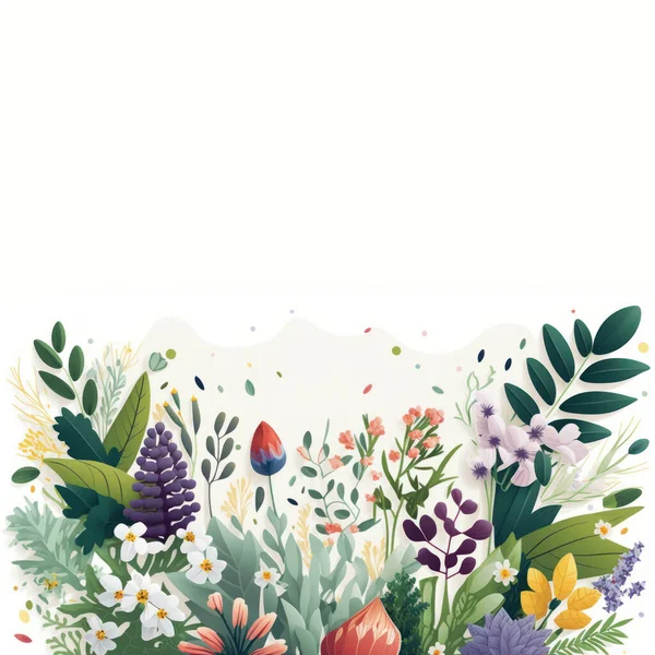 Spring botanical flat illustration white background. Banner or floral backdrop decorated multicolored blooming flowers and leaves border.