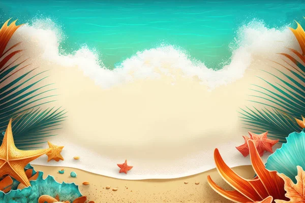 Summer sale banner, tropical sea beach with blue sky background.