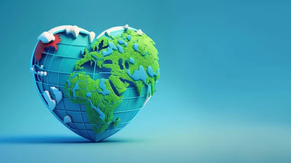 Globe in heart shape on blue background with copy space. World health day concept Global health care.