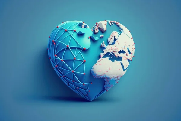 Globe in heart shape on blue background with copy space. World health day concept Global health care.