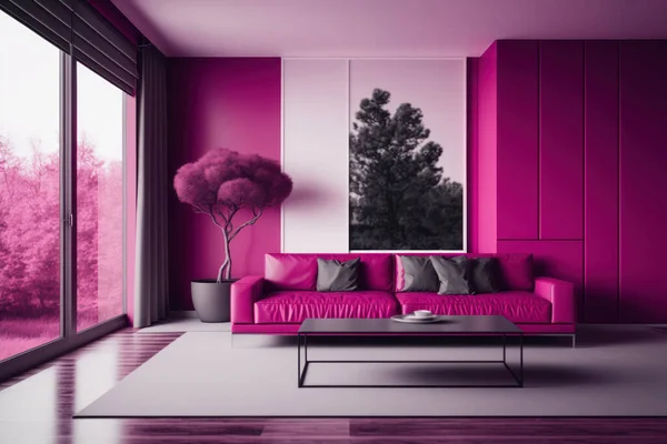 Minimalistic living room Background in trendy luxury viva magenta tone.
