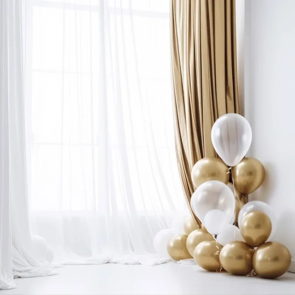 Gold and white balloon on white  room with curtain background