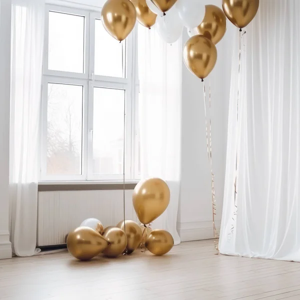 Gold and white balloon on white  room with curtain background