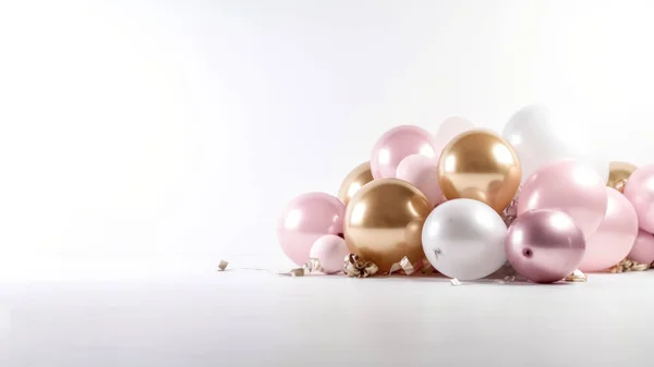 Pink gold and white balloon on white background with copy space.