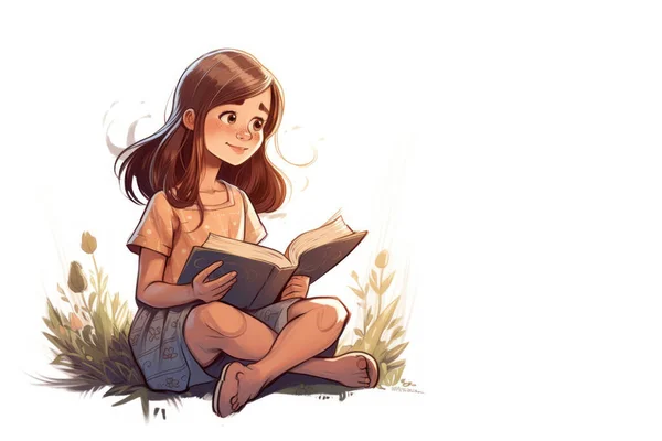 Cute young woman reading book anime style background.
