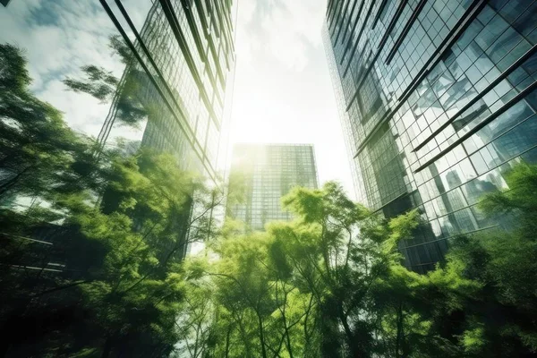 Double exposure of lush green forest and modern skyscrapers windows of building. Green city concept.