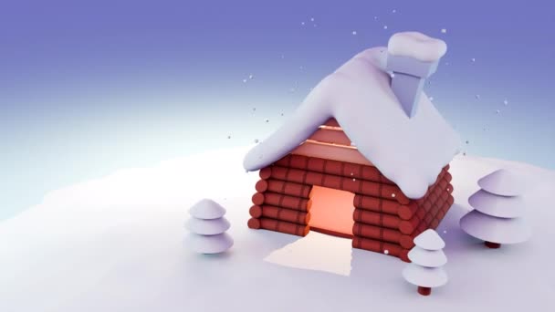 Cute Animation Little Cottage Snow Fall Pine Tree Christmas Season — Stock Video