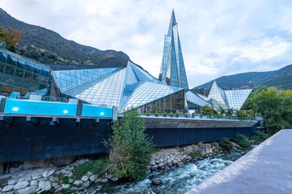 stock image Escaldes - Engordany: 2022 October 26: Exterior panorama of the Caldea Thermal Center in Andorra and Caldea Sports Complex in autumn 2022.