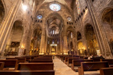 Girona, Spain : January 7, 2023 : Panorama inside the Cathedral of Saint Mary of Girona in Catalonia in winter 2023.