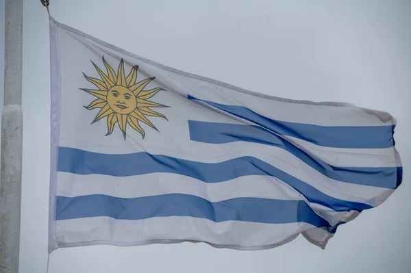 下雨天在布宜诺斯艾利斯港科洛尼亚快船上悬挂乌拉圭国旗 — 图库照片