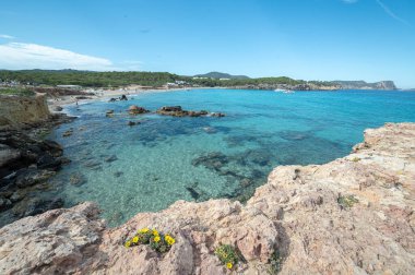 Panorama on the tourist beach of Cala Nova on the island of Ibiza in summer 2024.
