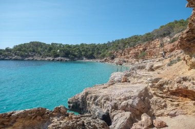 Yazın İbiza 'da Cala Saladeta' nın turkuaz suları.