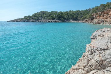 Yazın İbiza 'da Cala Saladeta' nın turkuaz suları.