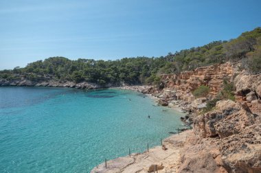 Yazın İbiza 'da Cala Saladeta' nın turkuaz suları.