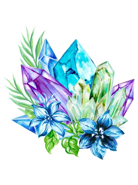 Suluboya Resimli Değerli Taş Kristalleri Çiçekli Yapraklı Değerli Mineraller Çizdi — Stok fotoğraf