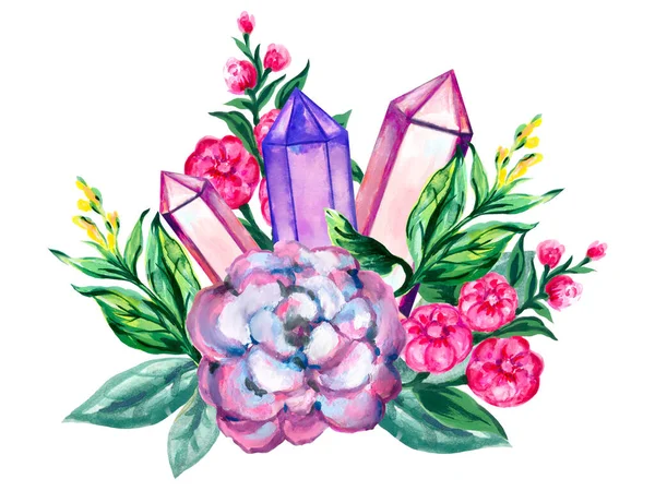 Watercolor Mão Desenhada Ilustração Gemstone Cristais Preciosos Minerais Semipreciosos Com — Fotografia de Stock