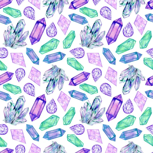 Stijlvolle Doodle Edelsteen Kristal Jewely Rock Aquarel Hand Getekend Naadloos — Stockfoto